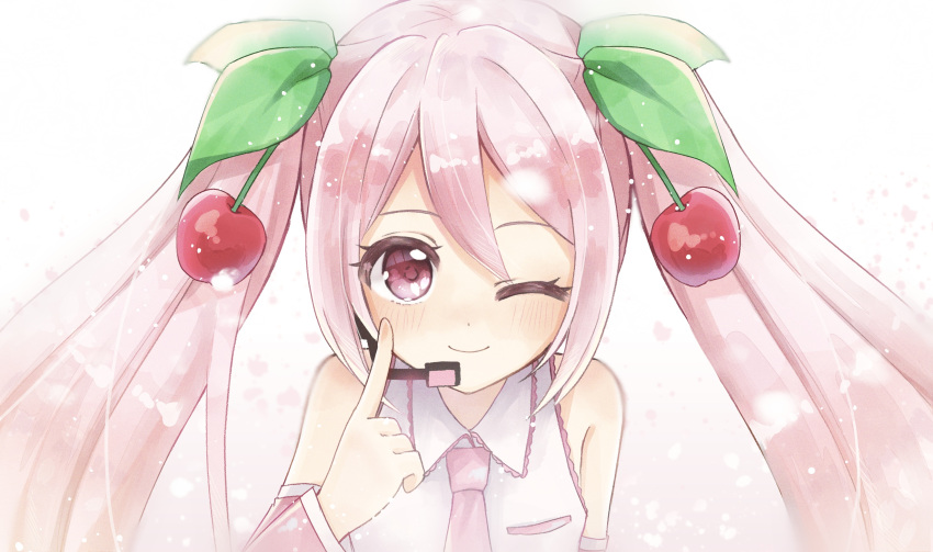 1girl, absurdres, bare_shoulders, breast_pocket, cherry_hair_ornament, closed_mouth, collared_shirt, detached_sleeves