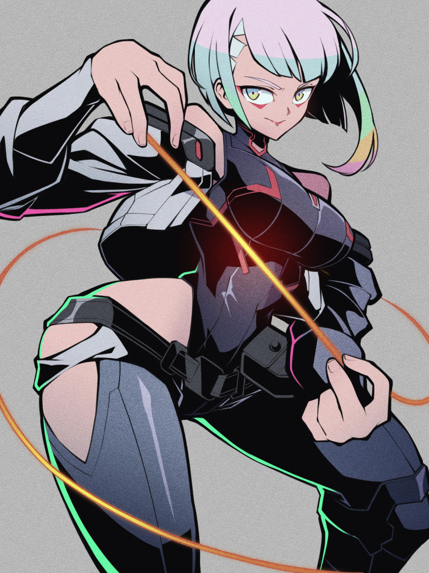 1girl, breasts, closed_mouth, clothing_cutout, commentary_request, cyberpunk:_edgerunners, cyberpunk_(series), eyeliner