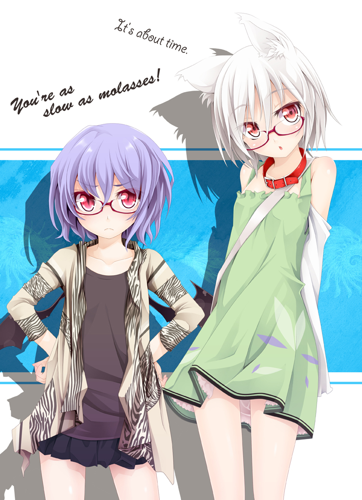 alternate_costume, animal_ears, arms_behind_back, bare_legs, bare_shoulders, bespectacled, casual, collar, collarbone, contemporary, english, glasses, hands_on_hips, ichiju, inubashiri_momiji, multiple_girls, ogami_kazuki, pink_eyes, purple_hair, red-framed_glasses, red_eyes, remilia_scarlet, shadow, short_hair, skirt, slit_pupils, touhou, white_hair, wolf_ears