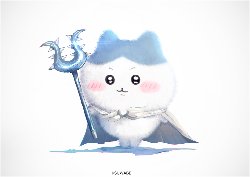 black_eyes, blush, cape, chiikawa, hachiware_(chiikawa), holding, holding_polearm, holding_weapon, k-suwabe, polearm, simple_background, sodegarami, solo, weapon, white_background, white_cape