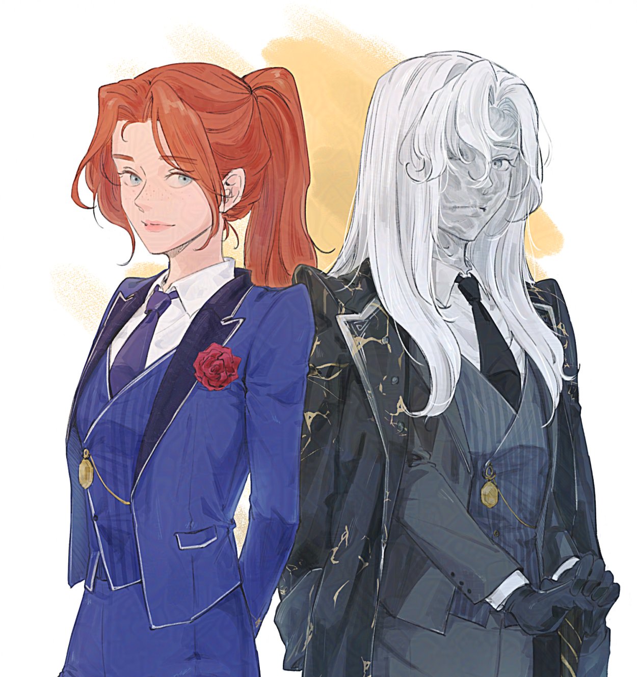 2girls, adversarial_noise, alicia_(clair_obscur:_expedition_33), arms_behind_back, black_coat, black_gloves, black_jacket, black_necktie