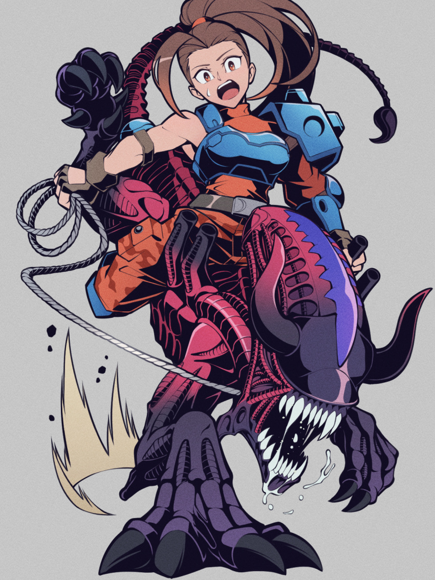 1girl, alien, alien_(series), alien_vs._predator, breasts, brown_hair, bull_alien, camouflage