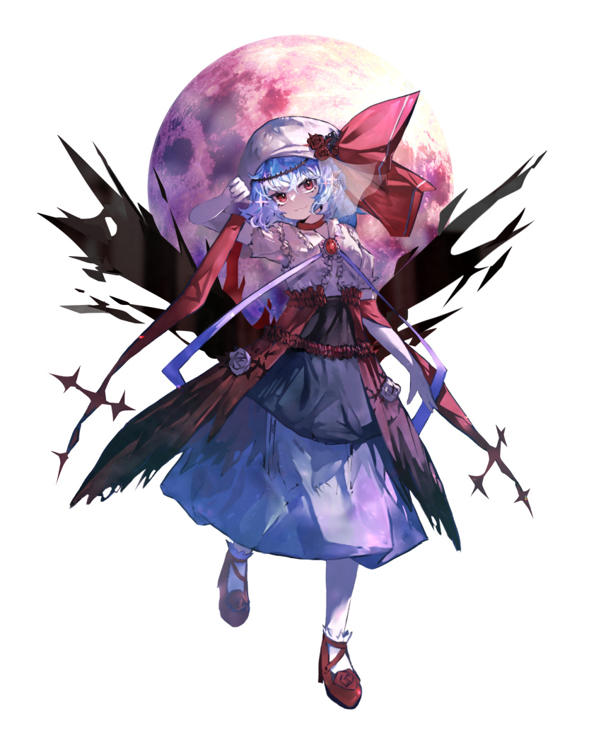 1girl, absurdres, arm_up, black_skirt, closed_mouth, dress, fang, flower