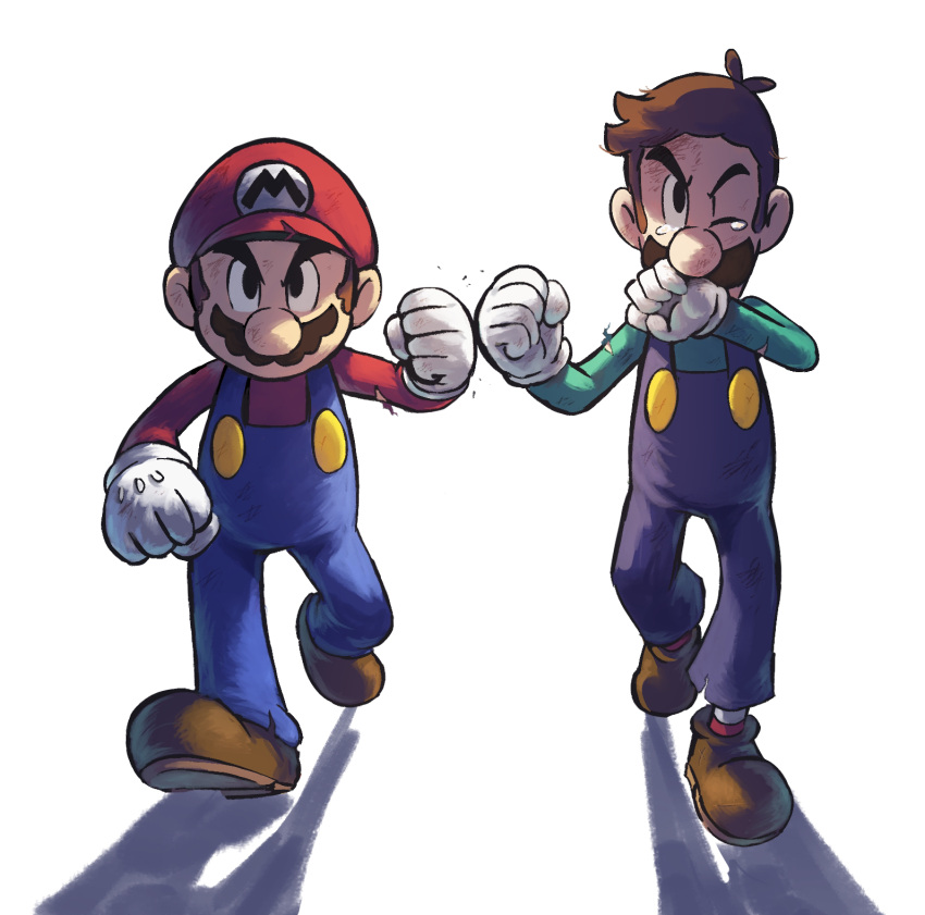 2boys, blue_overalls, brothers, brown_hair, brown_shoes, clenched_hands, facial_hair, fist_bump, full_body, gloves, hat, highres, luigi, male_focus, mario, mario_&amp;_luigi_rpg, masanori_sato_(style), multiple_boys, mustache, one_eye_closed, overalls, shadow, shirt, shoes, siblings, simple_background, socks, striped_clothes, striped_socks, super_mario_bros., tears, torn_clothes, walking, white_background, white_gloves, yamari_(ya_mari_6363)