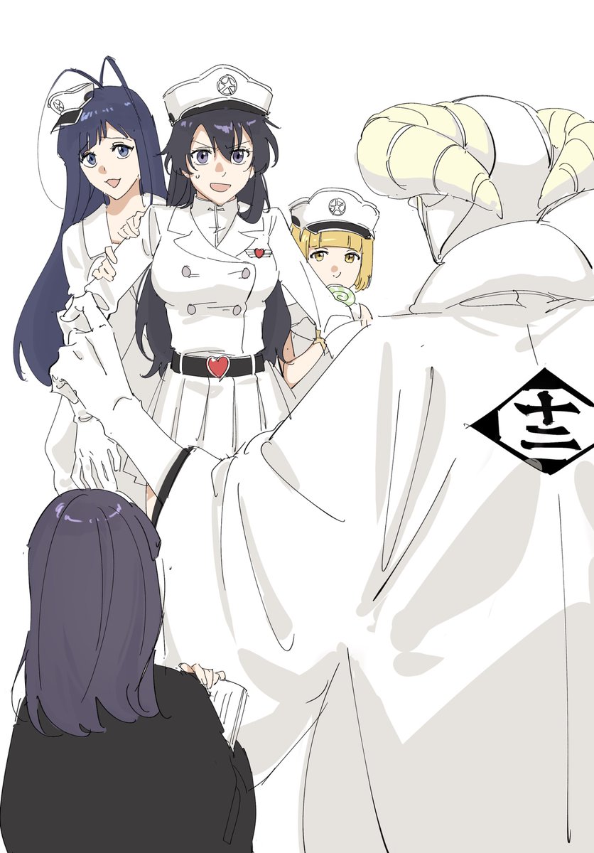 2boys, 3girls, :d, antenna_hair, bambietta_basterbine, belt, black_belt, black_hair