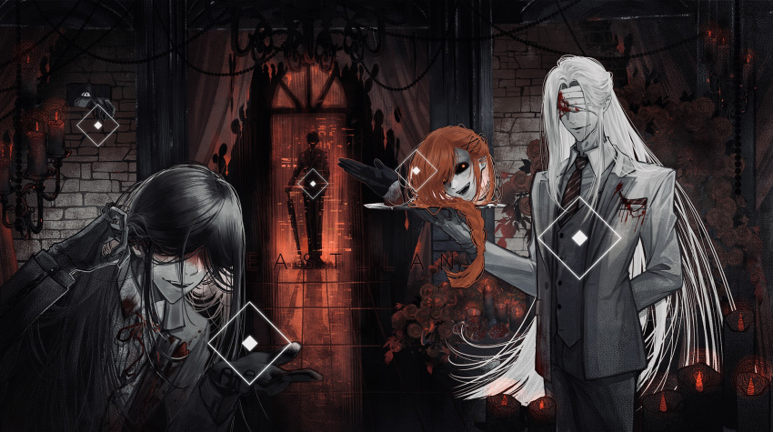 4boys, arm_behind_back, bandages, black_gloves, black_hair, black_sclera, black_suit, blood