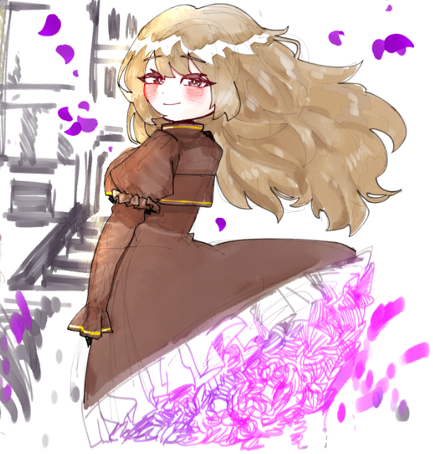 1girl, blush, brown_dress, brown_eyes, brown_hair, catherine_(project_moon), dress, flower
