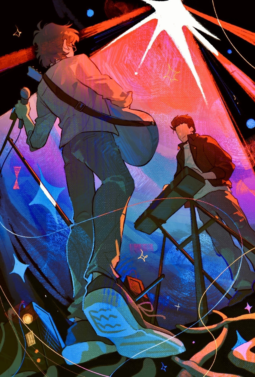 2boys, a-kai202, black_jacket, black_shirt, commentary, english_commentary, glasses, guitar_strap