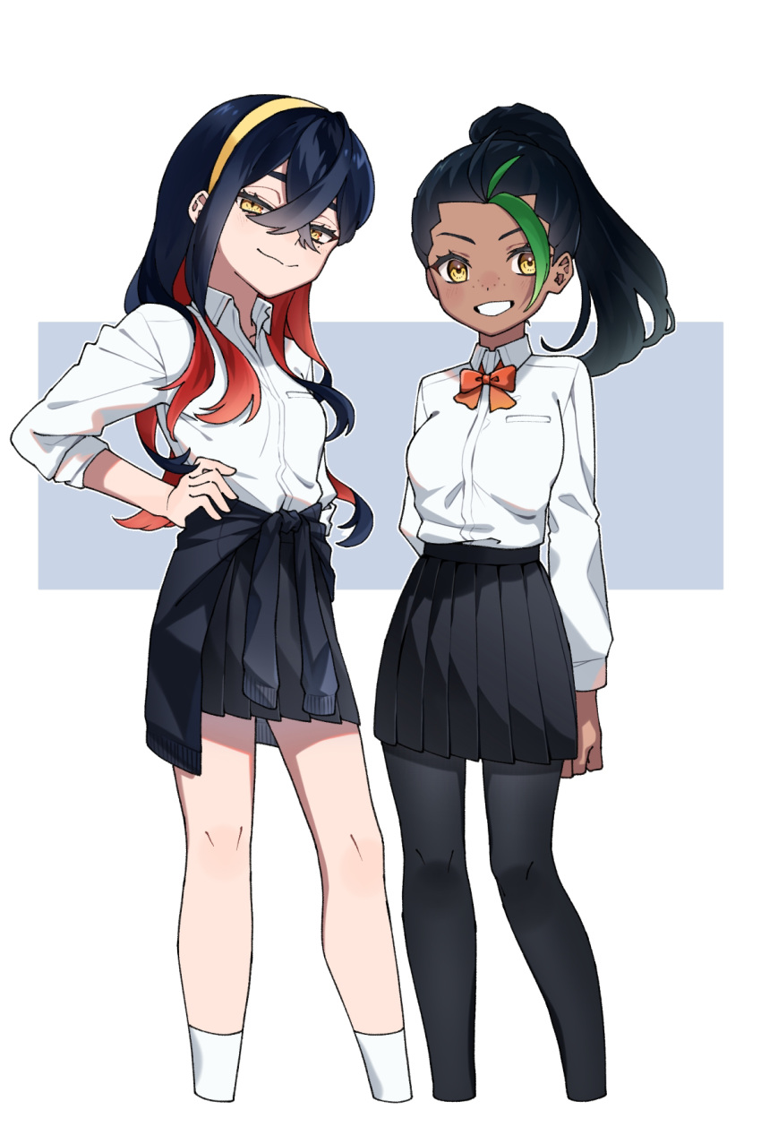 2girls, black_hair, black_pantyhose, black_skirt, bow, bowtie, breasts, carmine_(pokemon)
