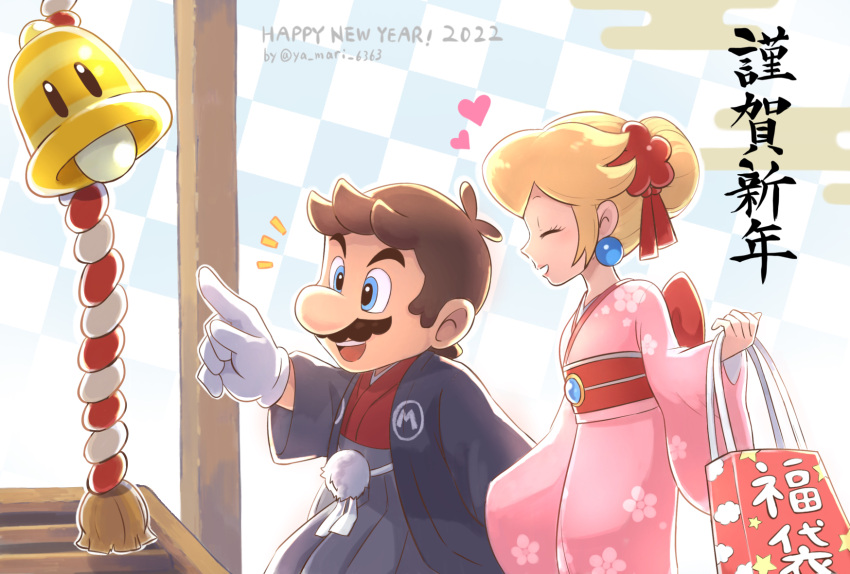 1boy, 1girl, 2022, :d, ^_^, alternate_hairstyle, artist_name, bag, black_jacket, blonde_hair, blue_background, blue_eyes, box, brown_hair, checkered_background, closed_eyes, dated, donation_box, earrings, egasumi, english_text, eyelashes, facial_hair, floral_print, gloves, grey_hakama, hair_bun, hair_ornament, hakama, haori, haori_himo, happy_new_year, heart, highres, holding, holding_bag, jacket, japanese_clothes, jewelry, kanzashi, kimono, kouhaku_nawa, laughing, long_sleeves, mario, mario_(hakama), mario_kart, mario_kart_tour, mustache, nengajou, new_year, obi, obijime, official_alternate_costume, open_clothes, open_jacket, open_mouth, pink_kimono, pointing, pom_pom_(clothes), princess_peach, princess_peach_(kimono), red_kimono, red_sash, rope, sash, shimenawa, short_hair, simple_background, single_hair_bun, smile, sphere_earrings, super_bell, super_mario_bros., tassel, teeth, twitter_username, upper_teeth_only, white_background, white_gloves, wide_sleeves, yamari_(ya_mari_6363)
