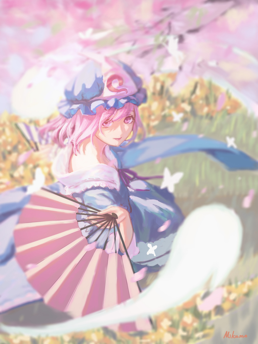 1girl, absurdres, artist_name, blue_dress, blue_hat, blurry, bug, butterfly