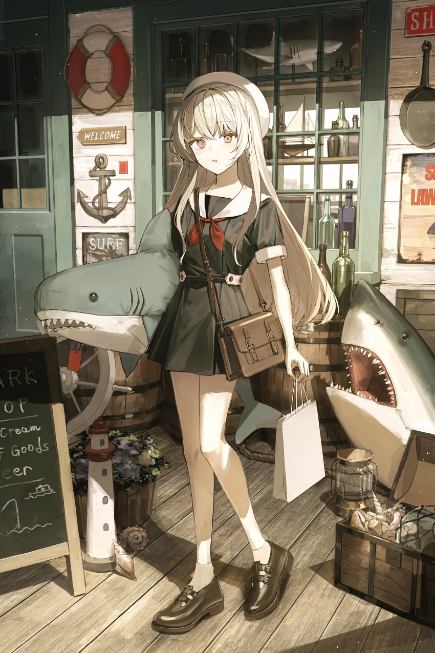 1girl, absurdres, anchor, bag, barrel, black_dress, black_serafuku, black_shoes, bottle, brown_background, chalk, chromatic_aberration, conch, door, dress, fangs, flower, frying_pan, handbag, hat, highres, holding, holding_bag, holding_stuffed_toy, lantern, life_vest, light_particles, lighthouse, long_hair, looking_at_viewer, neckerchief, open_mouth, orange_eyes, original, red_neckerchief, rope, school_uniform, seashell, serafuku, shark, sharp_teeth, shell, shoes, shopping_bag, shoulder_bag, sign, solo, sparkle, standing, storefront, stuffed_animal, stuffed_shark, stuffed_toy, tamitami, teeth, toy_ship, treasure_chest, white_hair, window, wooden_floor