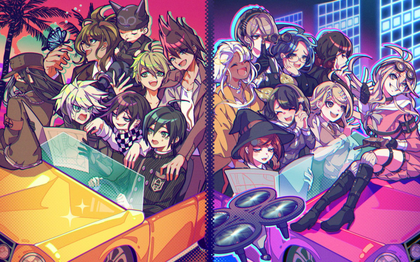 6+boys, 6+girls, ahoge, akamatsu_kaede, amami_rantaro, android, antenna_hair, black_boots