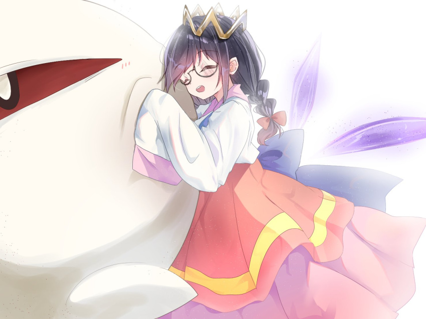 1girl, bow, closed_eyes, crown, fairy, fairy_wings, glasses, hair_bow, jimiko, kirby_(series), kirby_64, one-eyed, pink_skirt, red_bow, red_eyes, ripple_star_queen, skirt, sleeves_past_fingers, sleeves_past_wrists, wings, yoake_(yoake_04), zero_two_(kirby)