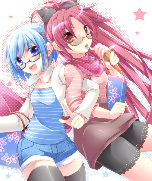 alternate_costume, arms_interlocked, bag, bespectacled, blue_hair, blush, casual, denim