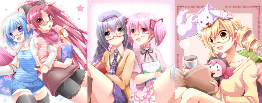 alternate_costume, bespectacled, casual, charlotte_(madoka_magica), column_lineup, glasses, kaname_madoka, kyubey
