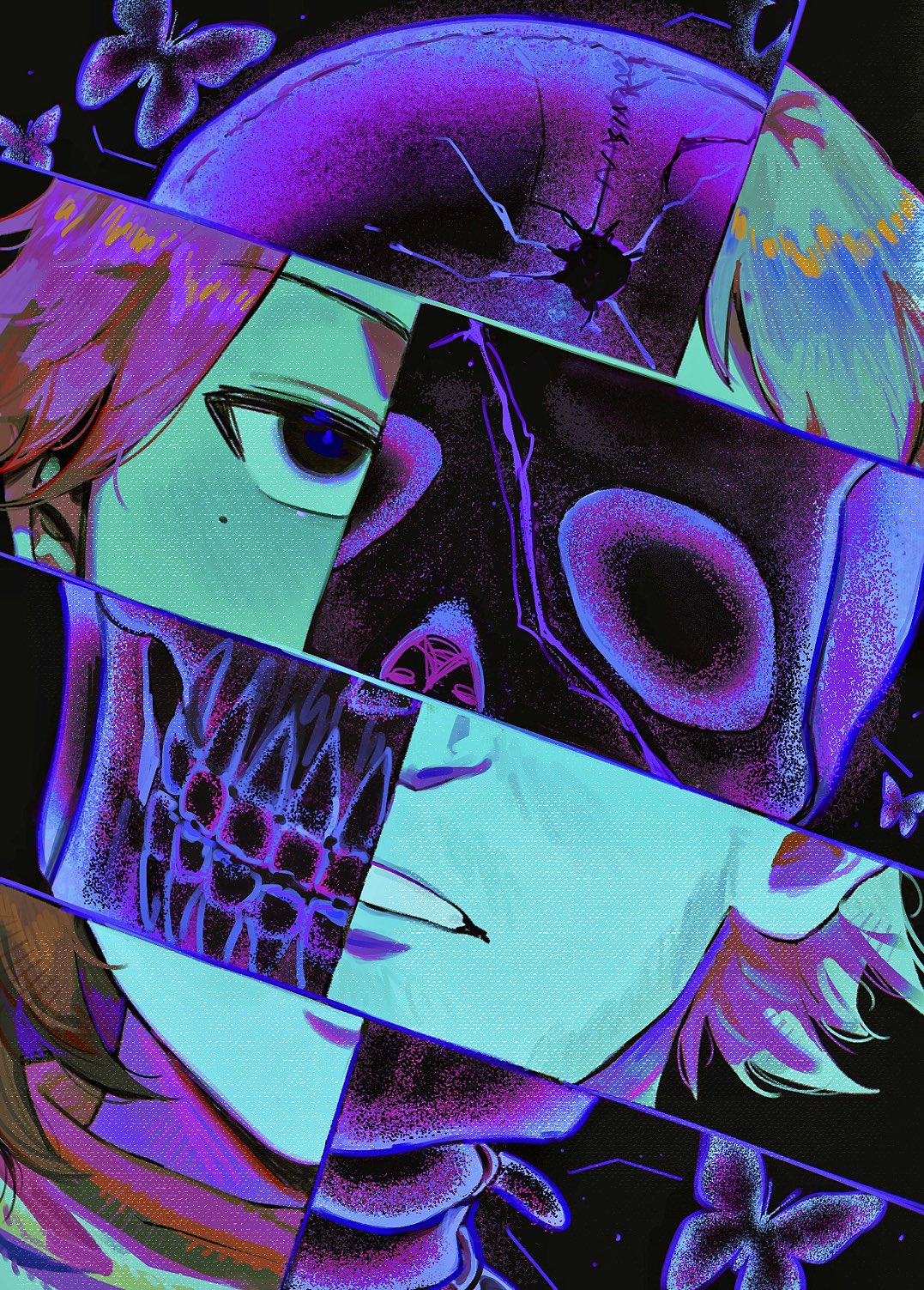 1girl, 3boys, a-kai202, anya_(mouthwashing), black_eyes, blonde_hair, blue_pupils, brown_hair, bug, butterfly, commentary, curly_(mouthwashing), daisuke_(mouthwashing), english_commentary, gunshot_wound, highres, mole, mole_under_eye, mouthwashing, multiple_boys, shirt, skull, striped_clothes, striped_shirt, swansea_(mouthwashing), x-ray