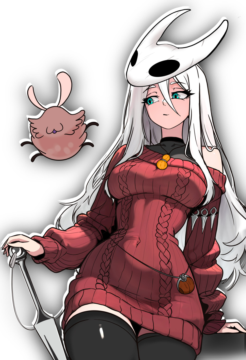 1girl, absurdres, black_thighhighs, breasts, covered_navel, green_eyes, highres, hollow_knight