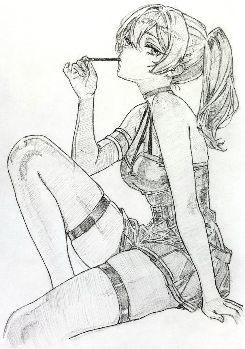 1girl, absurdres, bare_shoulders, belt, black_dress, breasts, dress, graphite_(medium), highres, i4teruz, licking, looking_at_viewer, medium_breasts, ponytail, short_dress, skindentation, sousou_no_frieren, stick, thigh-highs, traditional_media, ubel_(sousou_no_frieren)