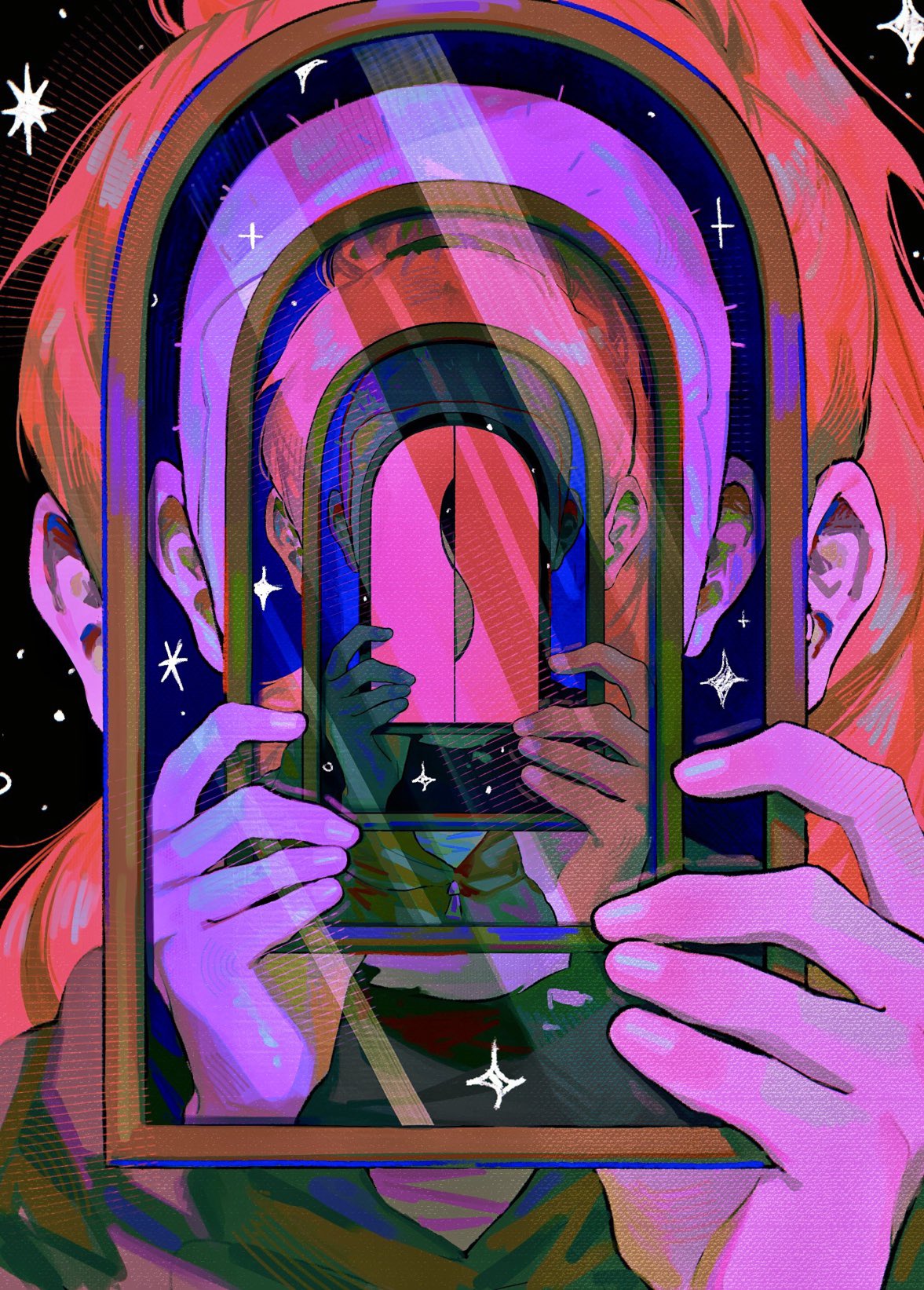 1girl, a-kai202, covered_face, door, highres, holding, infinity_mirror, infinity_train