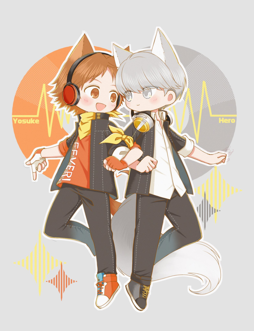 2boys, animal_ears, bandana, black_jacket, black_pants, blush, brown_eyes, brown_hair