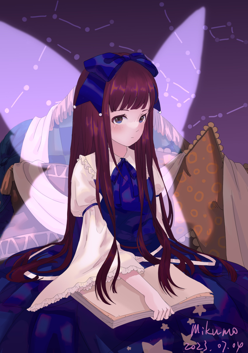 1girl, absurdres, blue_bow, blue_dress, blue_eyes, blue_ribbon, blush, book