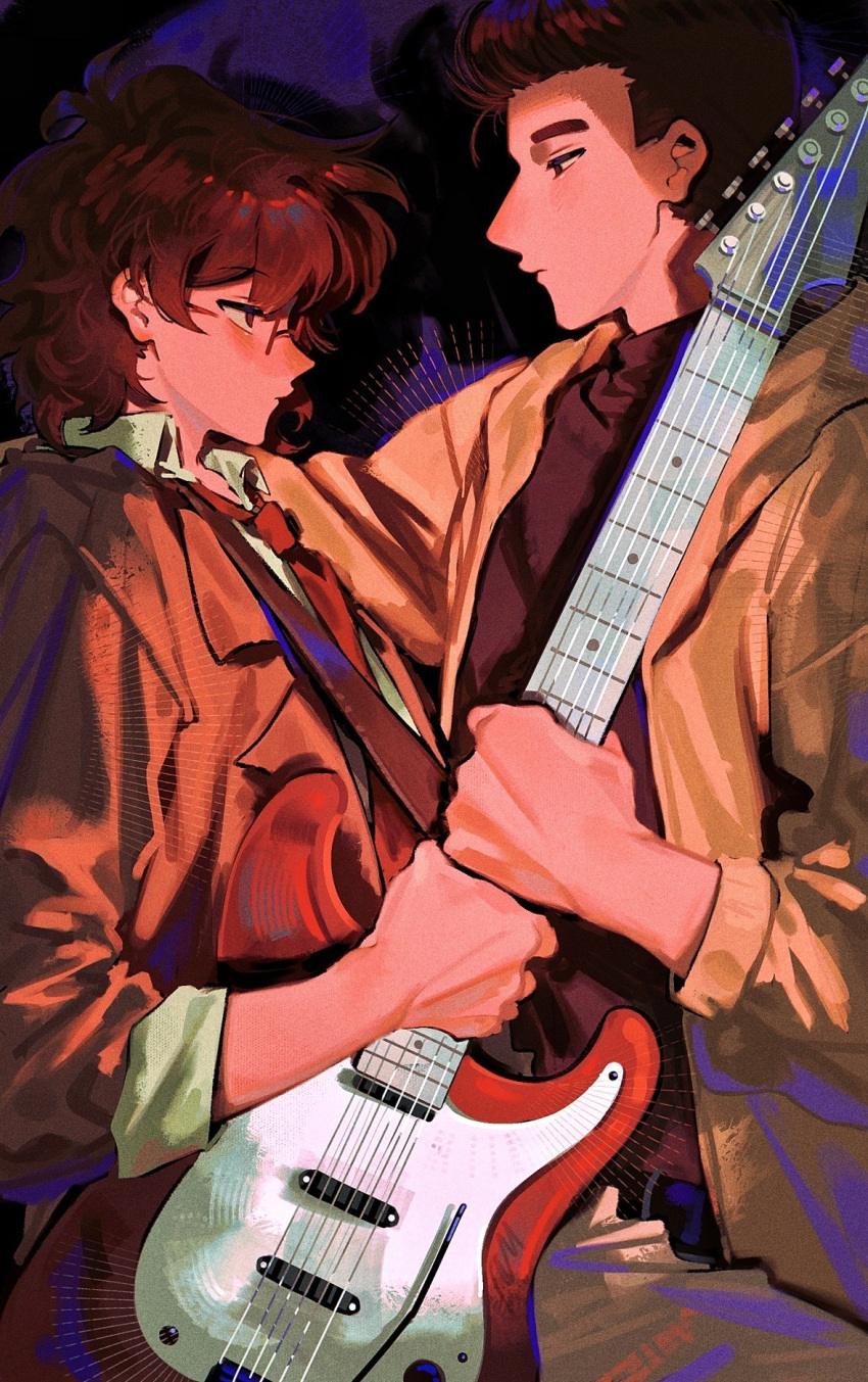 2boys, a-kai202, black_hair, black_shirt, brown_hair, brown_jacket, collared_shirt, commentary