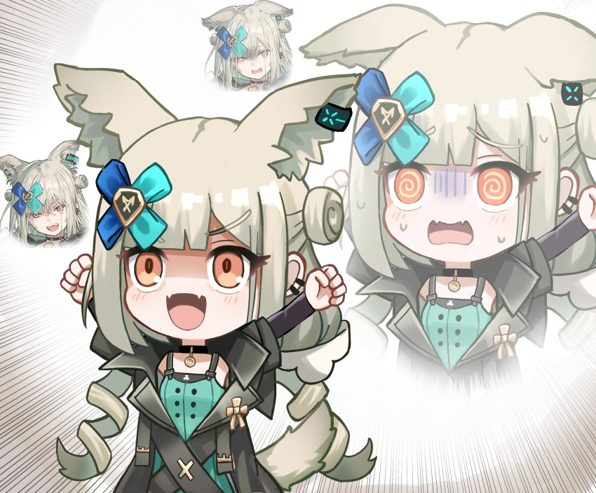 1girl, @_@, absurdres, animal_ears, arknights, arms_up, black_choker, black_jacket