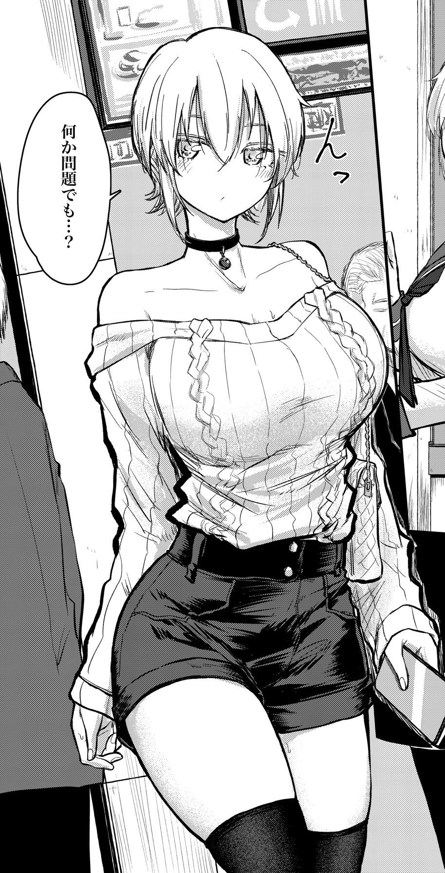 1girl, breasts, cellphone, choker, greyscale, highres, kawakami_sanruishu, large_breasts