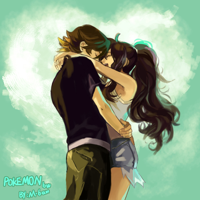1girl, brown_hair, couple, duo, female, hug, long_hair, male, morning6am, pokemon, pokemon_(game), pokemon_black_and_white, pokemon_bw, touko_(pokemon), touya_(pokemon), white_(pokemon)