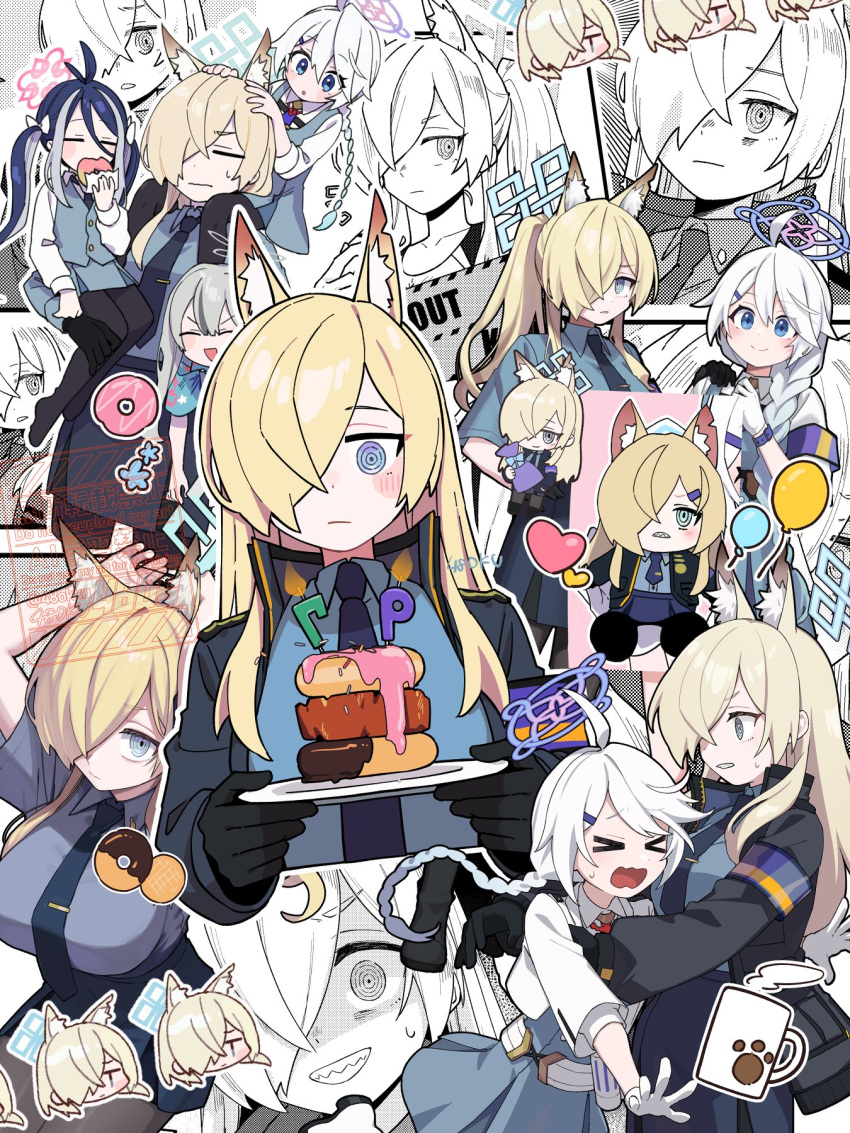 48okku, 4girls, @_@, animal_ears, black_gloves, blonde_hair, blue_archive, blue_hair