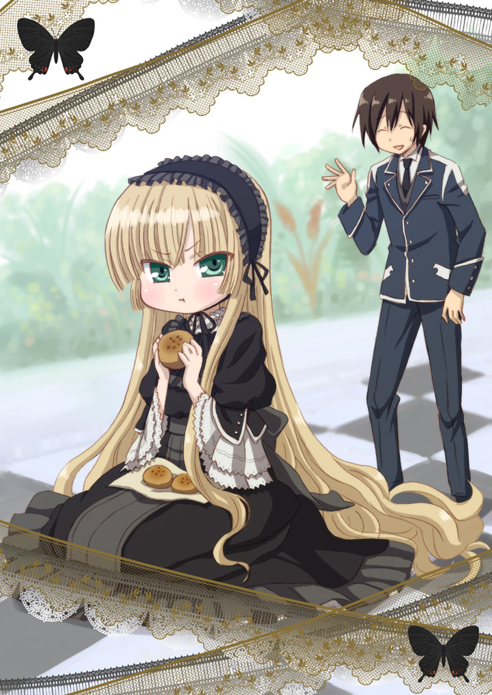 blonde_hair, blush, brown_hair, butterfly, checkered, checkered_floor, cookie, doily