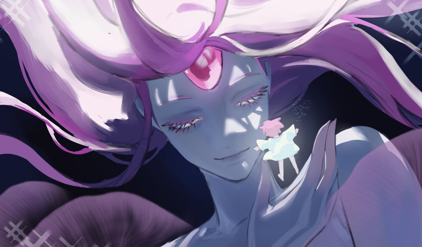 2girls, alien_stage, closed_mouth, colored_eyelashes, commentary, derivative_work, dress, english_commentary