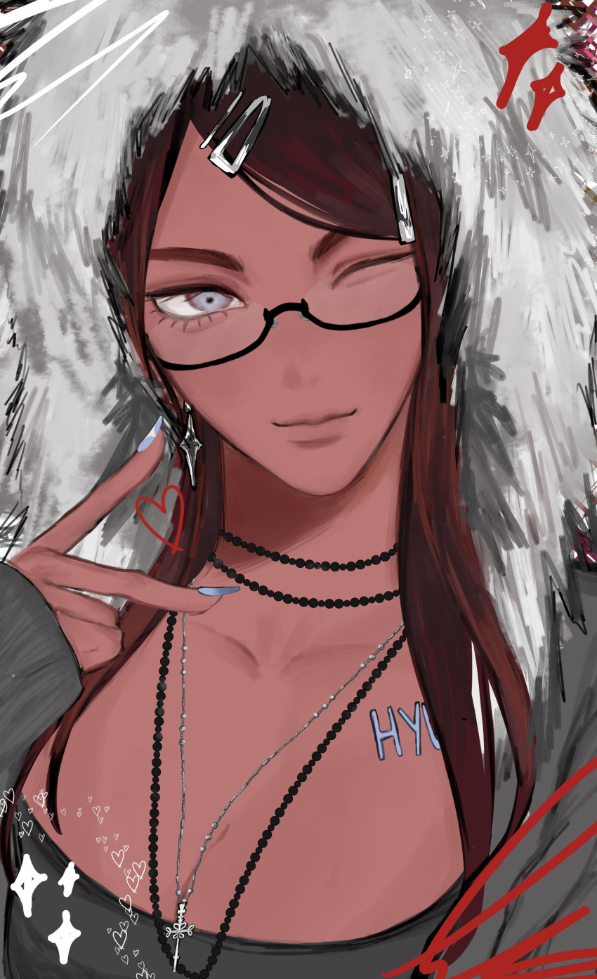 1girl, absurdres, alien_stage, black_shirt, brown_hair, closed_mouth, commentary, cross