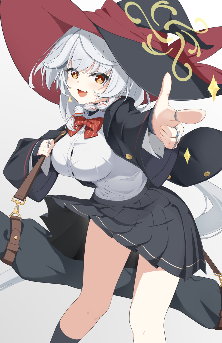 1girl, absurdres, black_hat, black_jacket, black_skirt, blue_archive, bow, bowtie, braid, breasts, button_gap, buttons, collared_shirt, commentary, diagonal-striped_bow, diagonal-striped_bowtie, diagonal-striped_clothes, diamond_(shape), earrings, eri_(blue_archive), fang, finger_gun, gold_trim, grey_background, hair_between_eyes, halo, hand_up, hat, hat_ribbon, head_tilt, highres, holding_strap, jacket, jewelry, kneehighs, large_breasts, long_hair, long_sleeves, low-tied_long_hair, miniskirt, multicolored_hair, multiple_rings, open_clothes, open_jacket, open_mouth, orange_eyes, oto_ichinana, pleated_skirt, pointing, pointing_at_viewer, red_bow, red_bowtie, red_ribbon, red_streaks, red_trim, ribbon, ring, shirt, shirt_tucked_in, side_halo, simple_background, single_braid, single_earring, skin_fang, skirt, smile, socks, sparkle, standing, streaked_hair, striped_bow, striped_bowtie, striped_clothes, thighs, tilted_halo, triangle_earrings, two-sided_fabric, two-sided_headwear, unbuttoned_jacket, very_long_hair, white_hair, white_shirt, witch_hat, yellow_halo