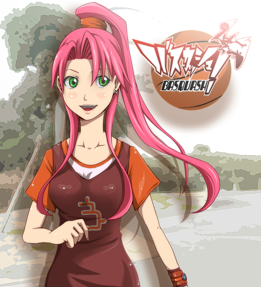 basketball_uniform, basquash!, earrings, green_eyes, jewelry, pink_hair, ponytail, rouge_(basquash)