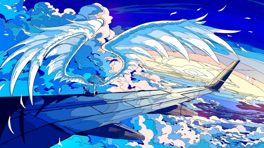 1girl, above_clouds, absurdres, airplane_wing, angel_beats!, angel_wings, artdroiiid_ii, clouds