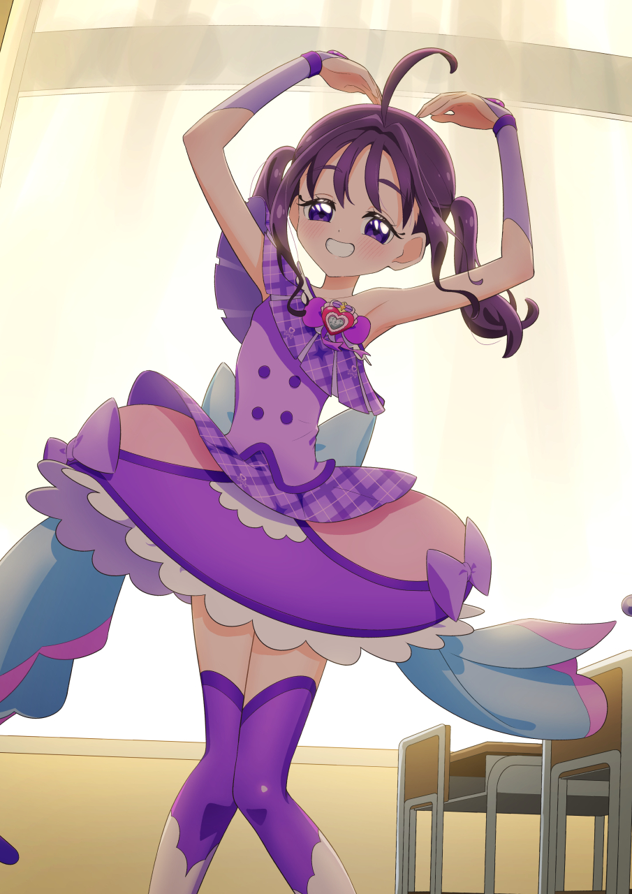 1girl, :d, ahoge, armpits, arms_up, back_bow, bare_shoulders, blue_bow