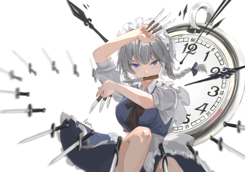 1girl, absurdres, amin_(hdwe2747), apron, back_bow, blue_bow, blue_eyes, blue_skirt, blue_vest, bow, braid, breasts, clock_hands, collared_shirt, commentary_request, dial, feet_out_of_frame, frilled_apron, frills, grey_hair, hair_bow, highres, holding, holding_knife, izayoi_sakuya, knees, knife, large_breasts, light_blush, maid_apron, maid_headdress, medium_hair, motion_blur, mouth_hold, pink_nails, pocket_watch, puffy_short_sleeves, puffy_sleeves, shirt, short_sleeves, skirt, solo, table_knife, touhou, twin_braids, vest, watch, white_bow, white_shirt