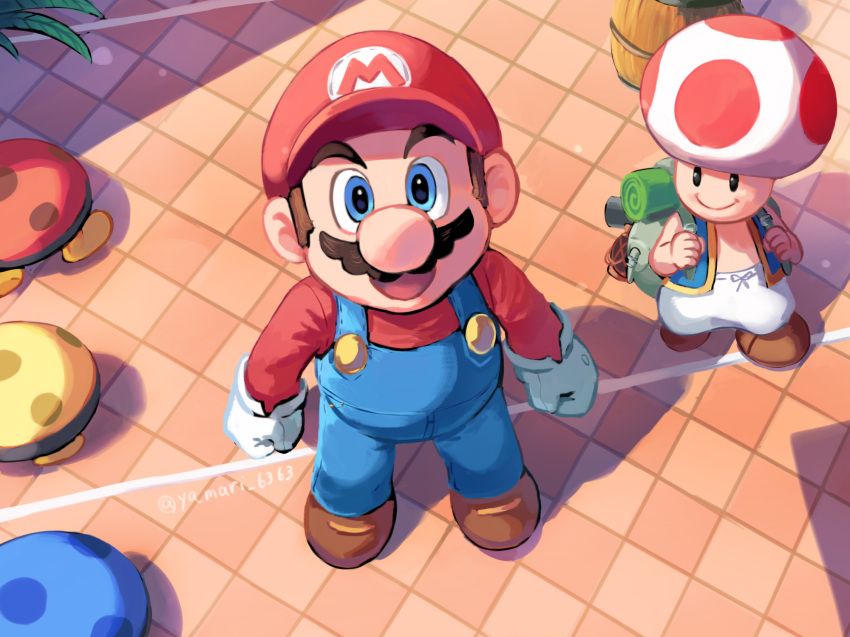 2boys, backpack, bag, barrel, biddybud, blue_eyes, blue_overalls, blue_vest