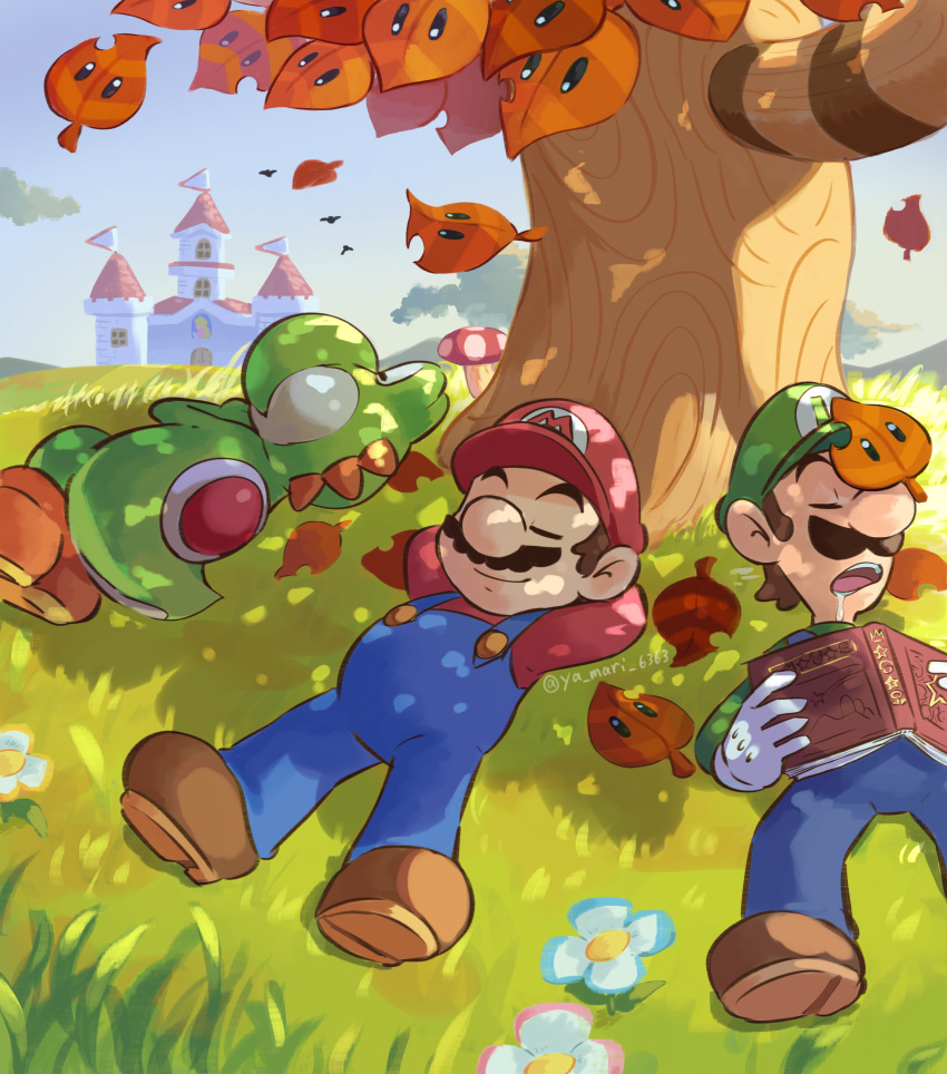 2boys, absurdres, arms_behind_head, arms_up, artist_name, bird, blue_overalls, blue_pants