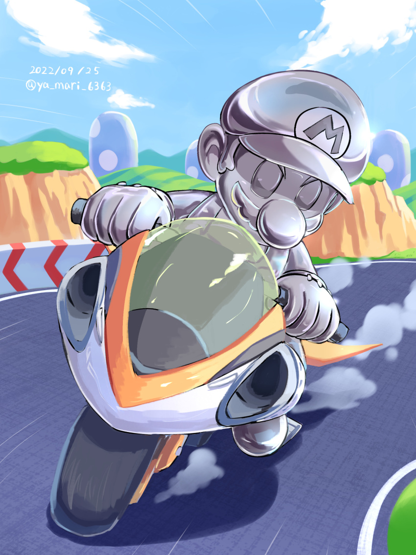 1boy, absurdres, blue_sky, clouds, dated, day, drifting, driving