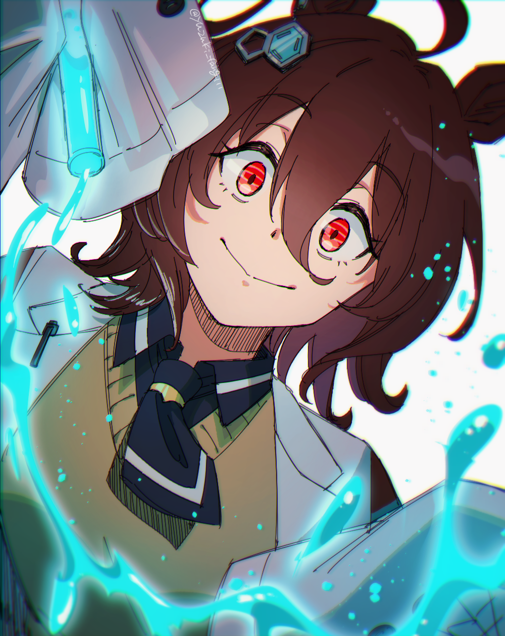 1girl, agnes_tachyon_(umamusume), ahoge, animal_ears, blue_necktie, blue_shirt, brown_hair, closed_mouth
