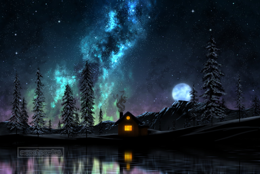 building, commentary, denisa_kinanda, english_commentary, full_moon, highres, hill, house