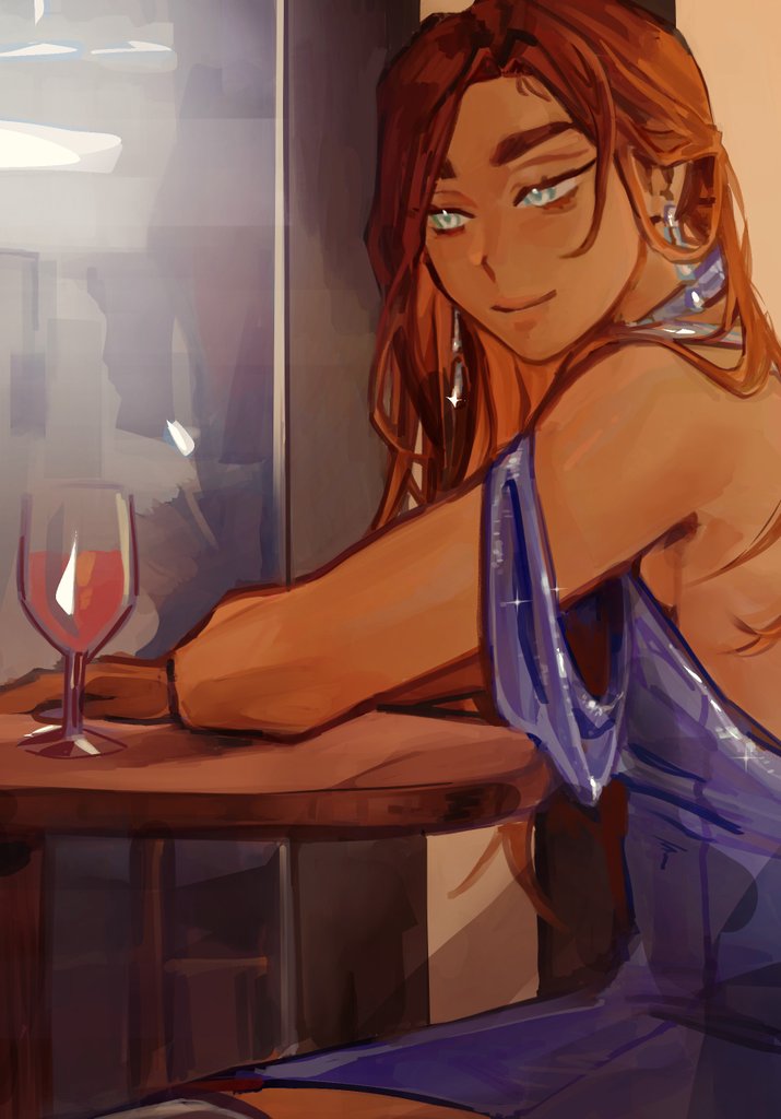 1girl, alcohol, alien_stage, alternate_costume, blue_dress, brown_hair, commentary, cup, dark-skinned_female, dark_skin, dress, drinking_glass, earrings, english_commentary, hyuna_(alien_stage), jewelry, long_hair, michaeelwave, second-party_source, sitting, smile, solo, table, wine, wine_glass