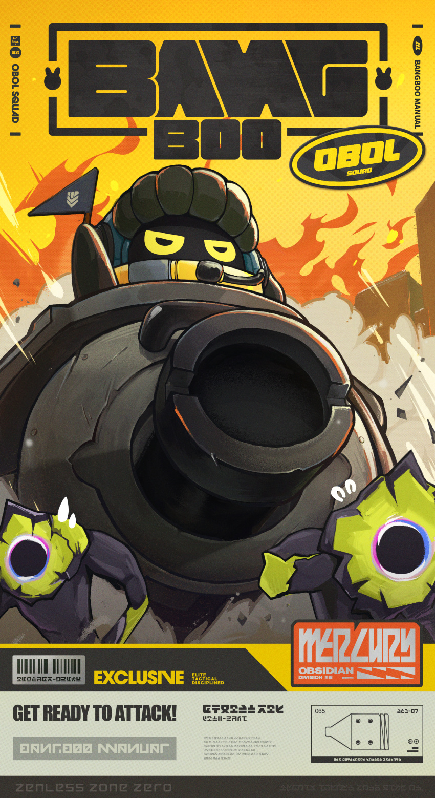 absurdres, bangboo_(zenless_zone_zero), english_commentary, english_text, ethereal_(zenless_zone_zero), fire, flag, highres, holding, holding_flag, mercury_(zenless_zone_zero), microphone, military_vehicle, motor_vehicle, official_art, robot, scowl, tank, yellow_eyes, zenless_zone_zero