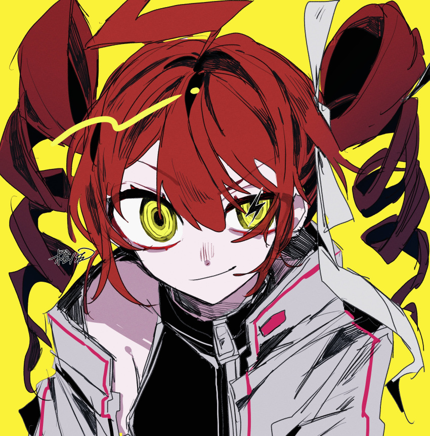 1girl, absurdres, ahoge, black_shirt, closed_mouth, drill_hair, hair_between_eyes, hair_ribbon, highres, hinoki_(yesfish1117), jacket, kasane_teto, kasane_teto_(sv), lightning_bolt_symbol, open_clothes, open_jacket, red_hair, ribbon, rokku_ni_nare!!!_(synthesizer_v), shirt, sidelocks, signature, smile, solo, synthesizer_v, twin_drills, upper_body, utau, v-shaped_eyebrows, white_jacket, yellow_background, yellow_eyes
