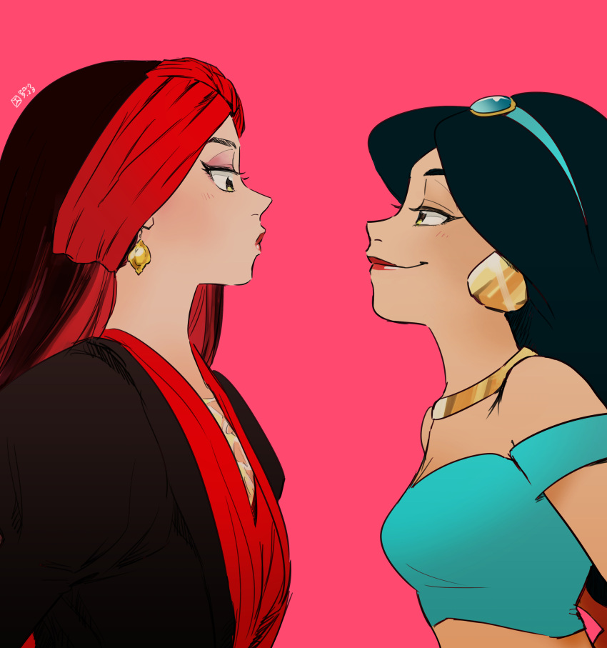 2girls, absurdres, aladdin_(disney), aladdin_(movie), animification, arabian_clothes, black_hair, disney