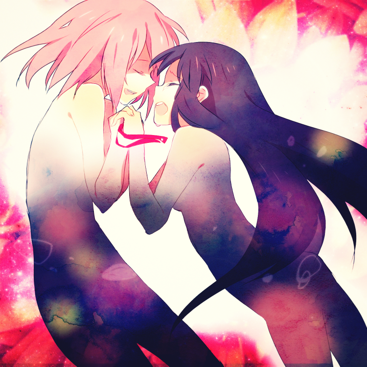 a229, akemi_homura, alternate_hairstyle, bad_id, black_hair, closed_eyes, eyes_closed, goddess_madoka