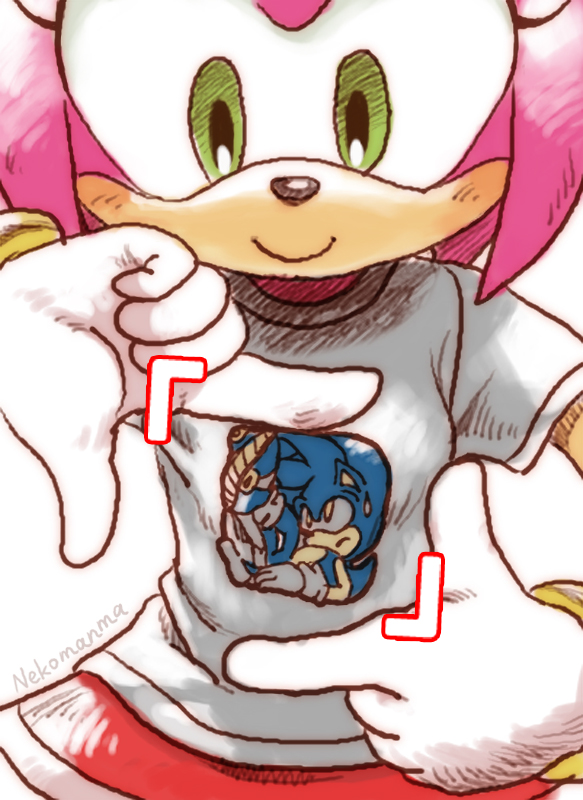 amy_rose, dress, gloves, green_eyes, looking_at_another, medium_hair, nekosoul, nervous, pink_fur, pink_hair, print_shirt, sega, shirt, smile, sonamy, sonic_(series), sonic_the_hedgehog